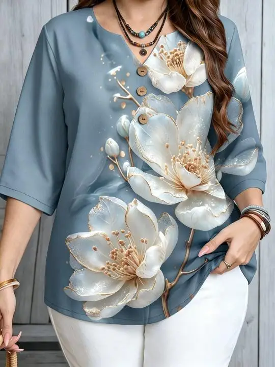 6 Colors 3D Golden Dew Magnolia & Plum Floral Women Blouses Notch V Neck 3 Decor Buttons 3/4 Sleeve Elegant Loose Shirts