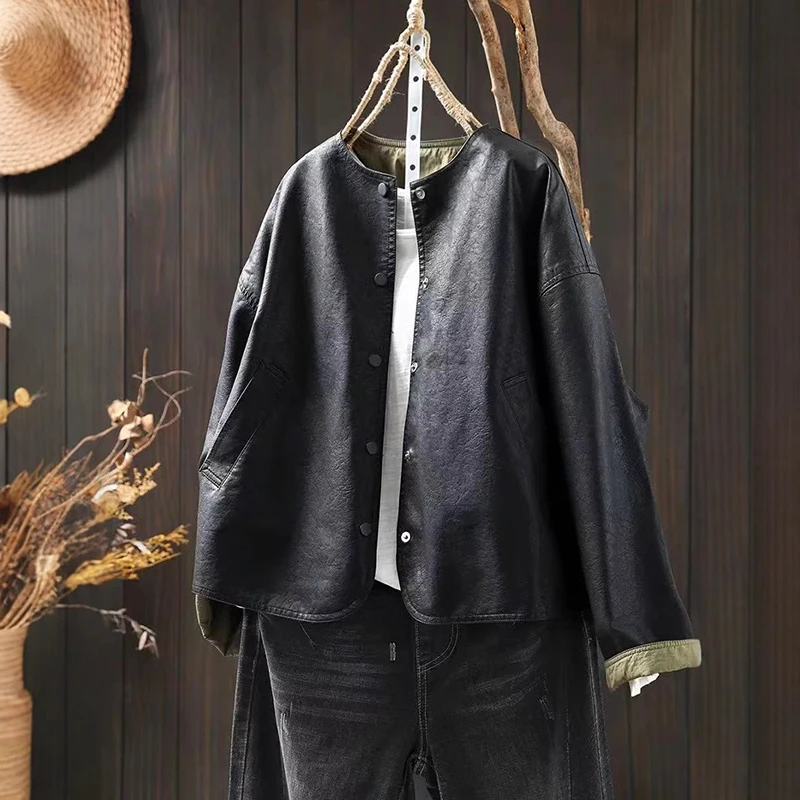 Damskie kurtki z długim rękawem, codzienne, nowości na jesień 2025, prosty styl, dekolt okrągły, jednolity kolor, skóra PU, odzież wierzchnia, płaszcze damskie T743