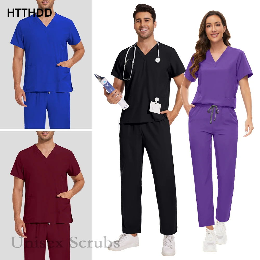 Wholesale Unisex Medical Scrubs Uniforms Short Sleeve Nursing Solid Color Surgical Gown Soft Scrub Tops Pants Veterinary Uniform