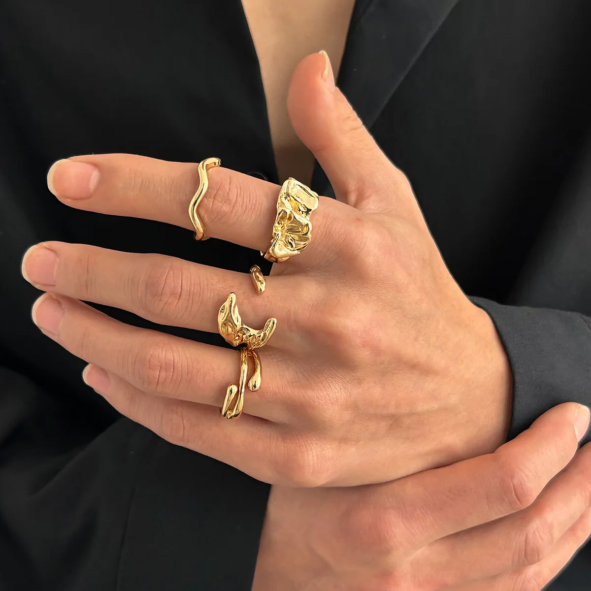 Wrinkled metal men's ring high-end hip-hop niche personality ring set cross-border handmade men