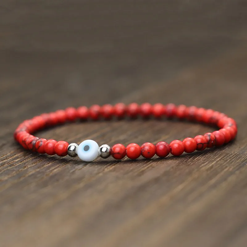 Minimalist Evil Eyes Bracelet 4mm Stone Beaded Braslet Lucky Red Howlite Lava Wooden Braclet Chakra Mediation Yoga Brazalete