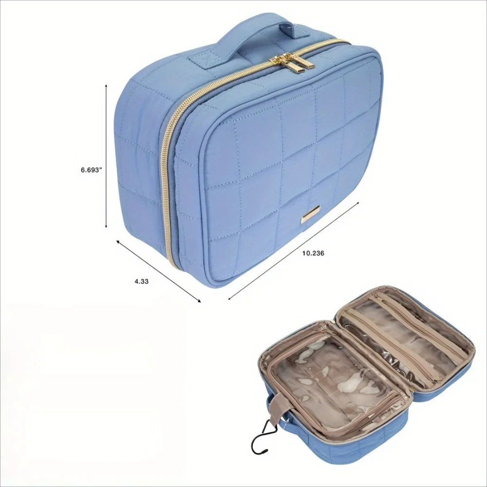 حقيبة مستحضرات التجميل الزرقاء المبطنة للتعليق