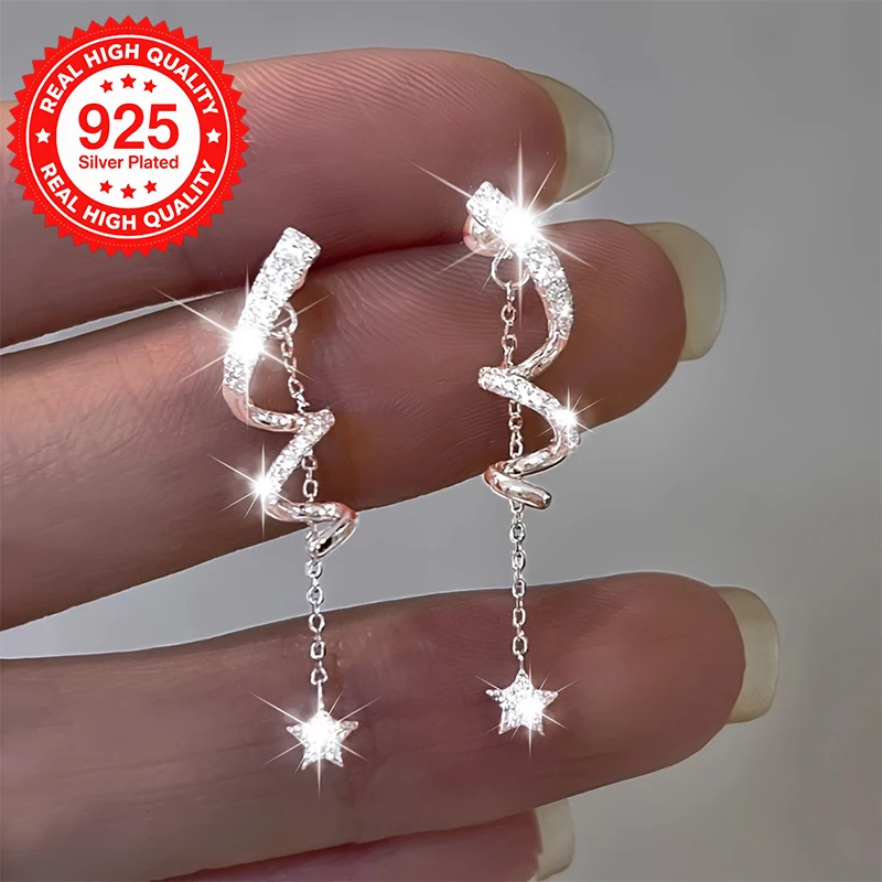 Funkelnde versilberte Stern-Quasten-Tropfenohrringe mit synthetischem Zirkonia, hypoallergen, süßer Schmuck für Frauen im Alltag