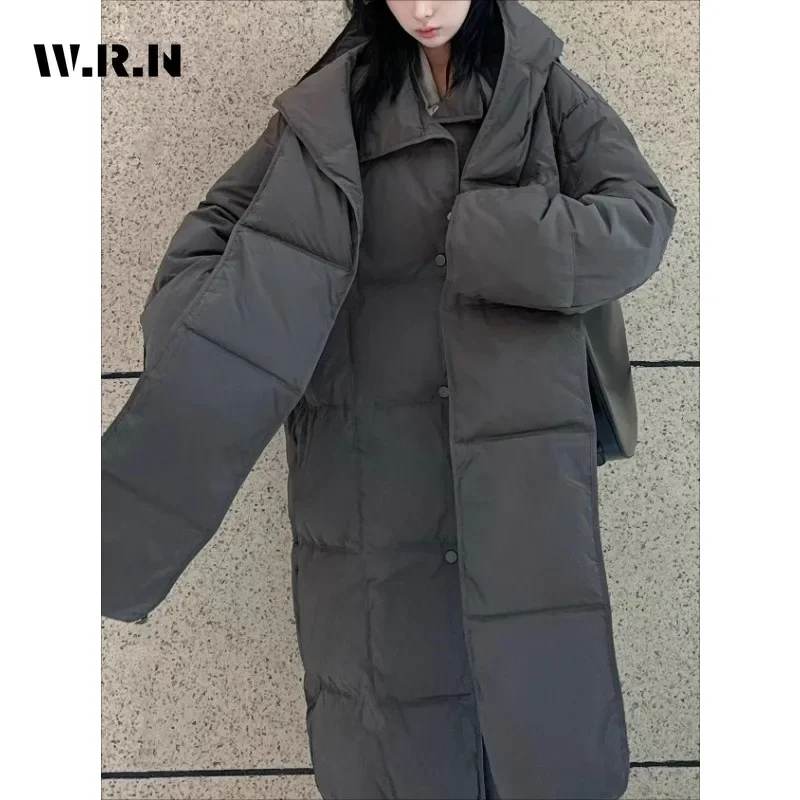 ผู้หญิงลําลองHooded Maxi XยาวParkas JacketสีทึบแขนยาวOuterwear 2024 ฤดูหนาวLace-Up Single Breasted Warm Coat