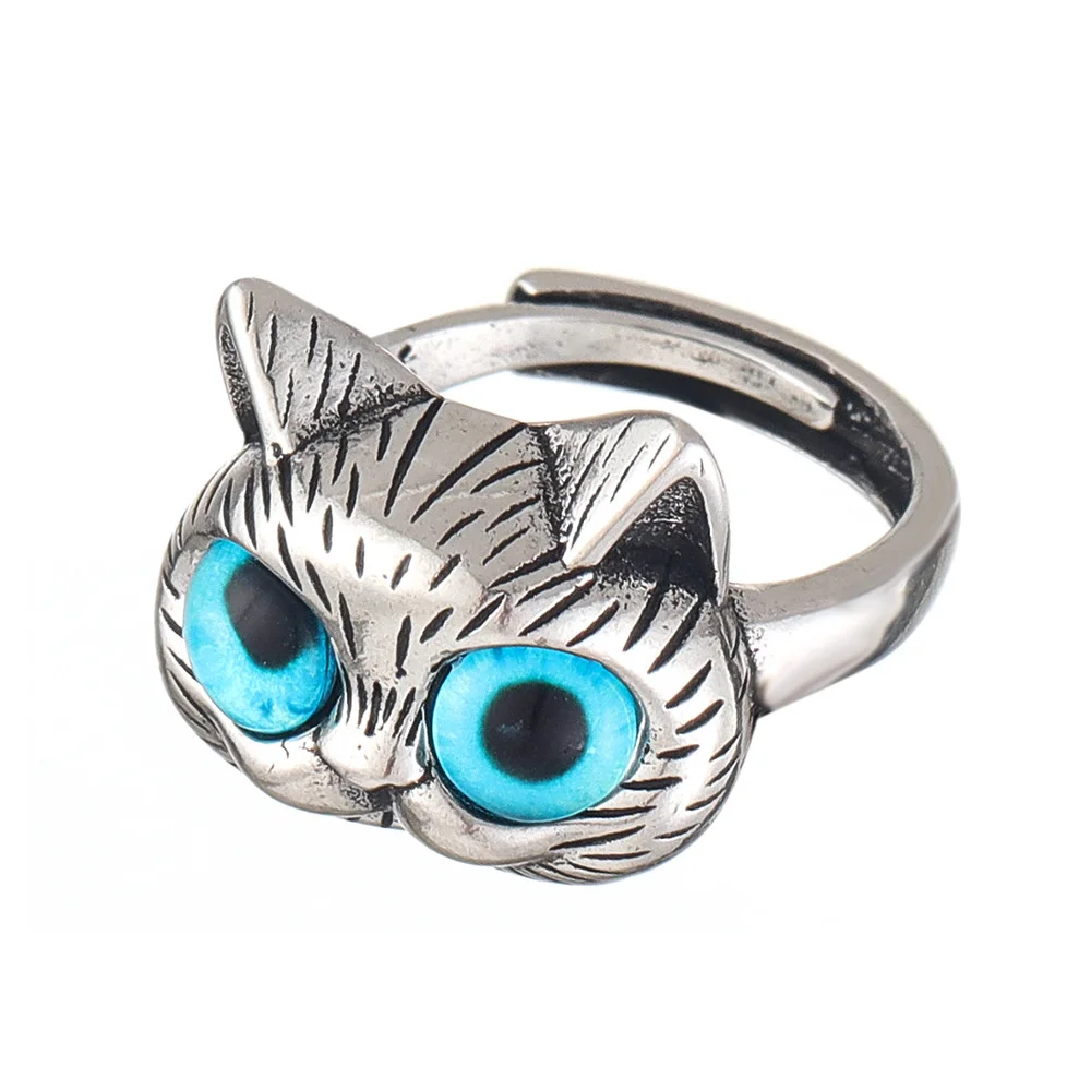 Modischer, silberfarbener Ring mit einem dicken Katzenmotiv und blauen Augen, ein süßer Ring für Männer, im Retro-Stil, aus blauem Acryl, als Paarring, für Damen, Party-Schmuck, Großhandel. – Detail 6