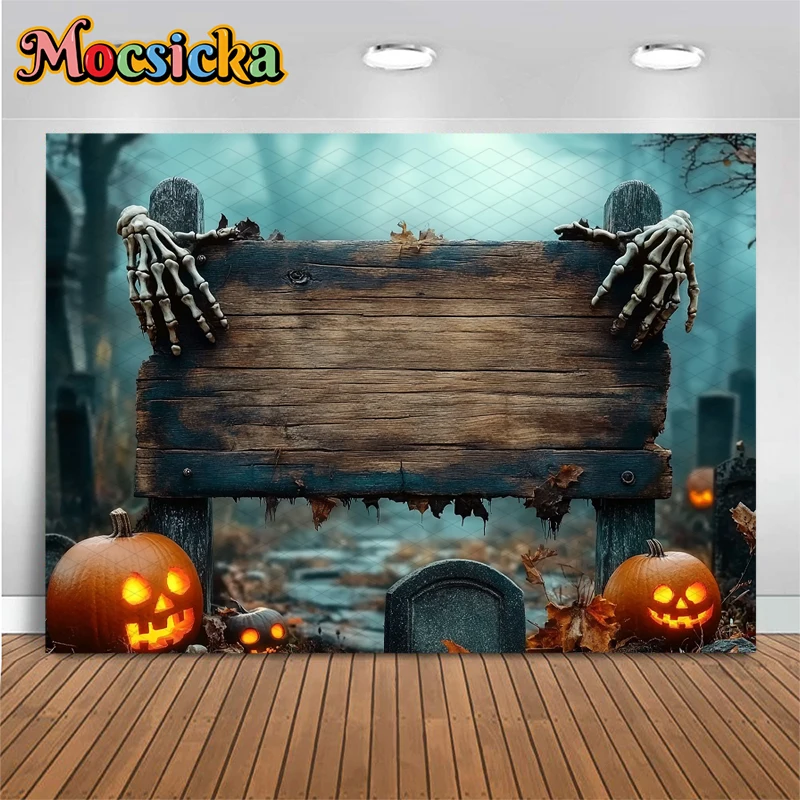 Mocsicka ハロウィン写真背景撮影プロップカスタマイズされた木板スケルトンジャックオーランタンパーティー装飾背景写真撮影