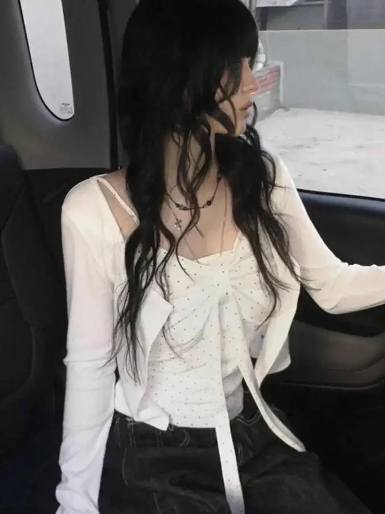 Seeslim Hotsweet Polka Dot Two Piece T-shirt Long Sleeve Spring Autumn Tops Korean Fashion 2000s Clothes Y2k Tees Female Chic