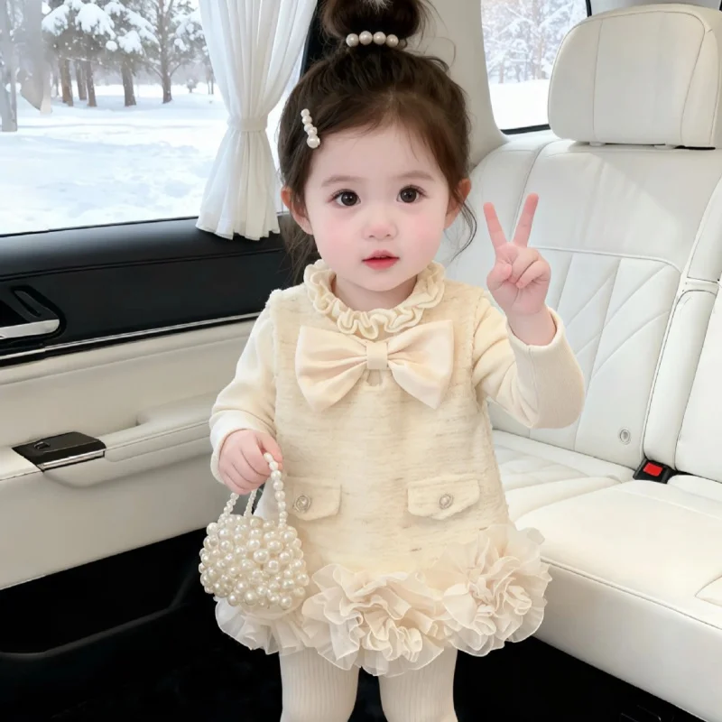 Girls' Vest Dress Winter Wear2025New One-Year-Old Dress for Baby Girls Princess Dress with Fleece Lining