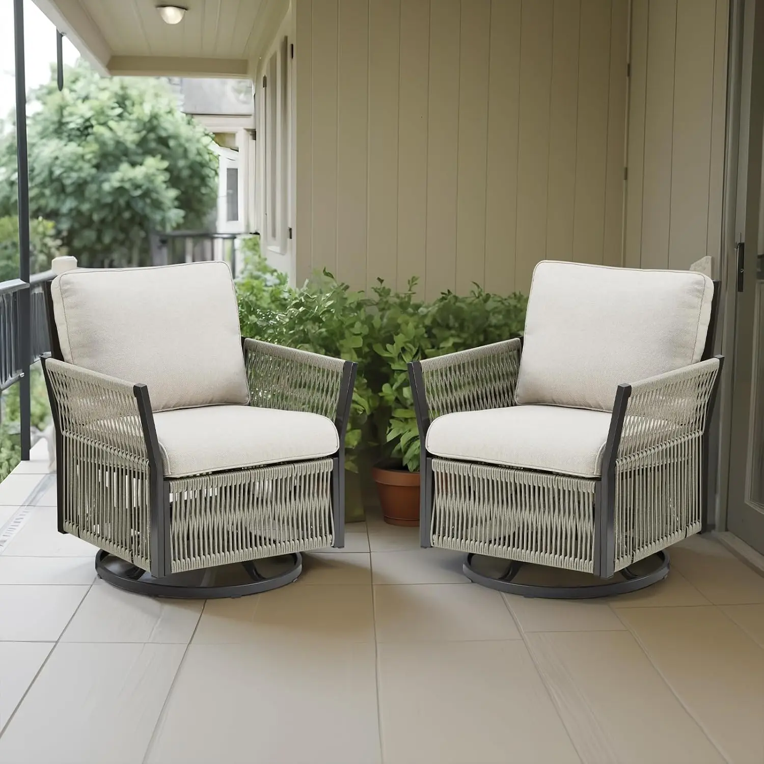 

Набор из 2 уличных кресел-качалок с поворотным механизмом, плетеные кресла-качалки для террасы, веранды, балкона, бежевые, на заказ