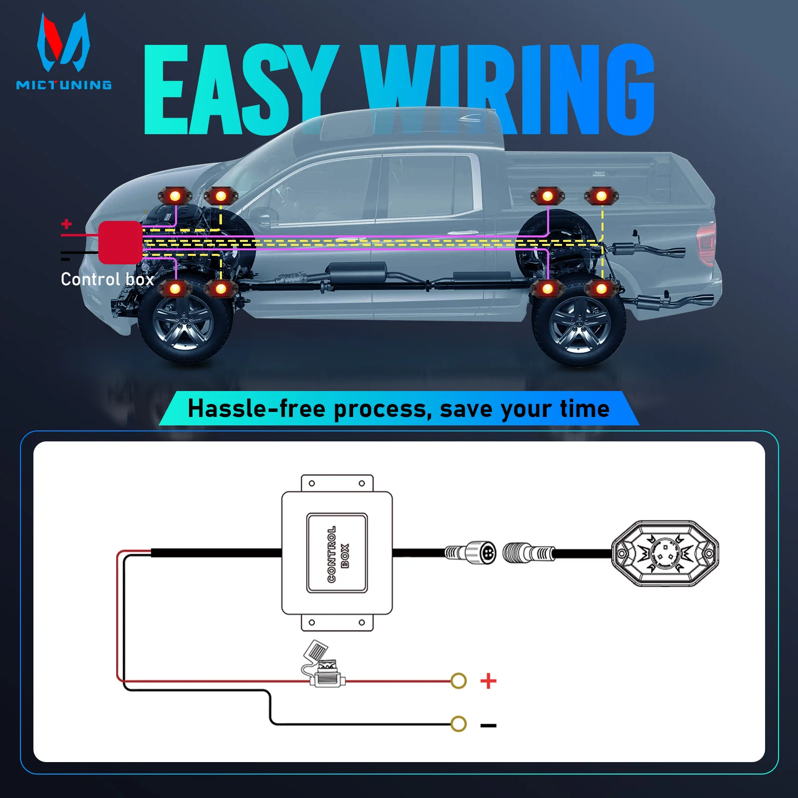 Upgraded MICTUNING 8-Piece RGB LED Rock Light Kit – Wireless App-Controlled Waterproof Underglow Lights Multi-Color for Cars