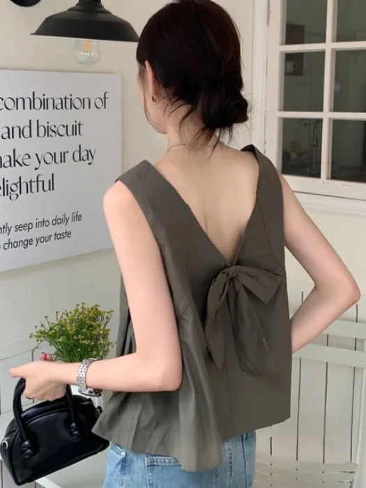 Summer Sweet  Knot White Top Women's Korean Style Loose Versatile Sleeveless Tank Trendy Two-Way Wear A-Line Narrow ...