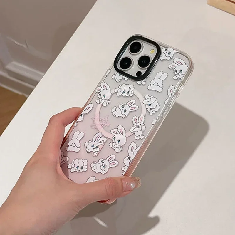 Bowknot Rabbit Pink Gradient Transparent Border iPhone 13 15 14 Pro Max Protective Case, Fits iPhone 15 Pro Max