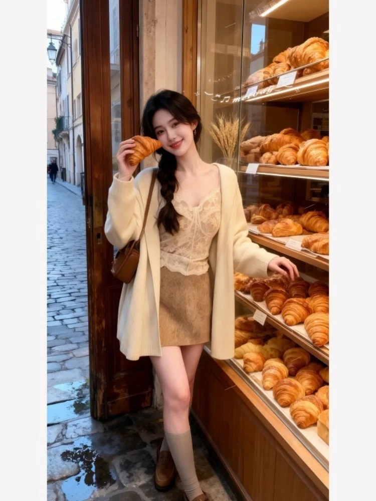 

Korean Style Lazy Fashion Women's Loose Knitted Outerwear Strap Spring Set New Half Skirt Trendy Casual Workwear Three-Piece