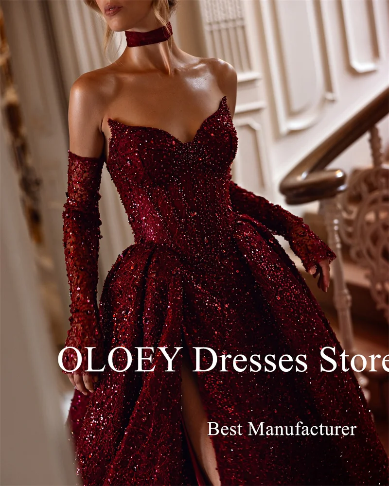 فساتين سهرة من OLOEY باللون الأحمر الداكن اللامع على شكل قلب فساتين حفلات لامعة مناسبة رسمية للحفلات فساتين مخصصة