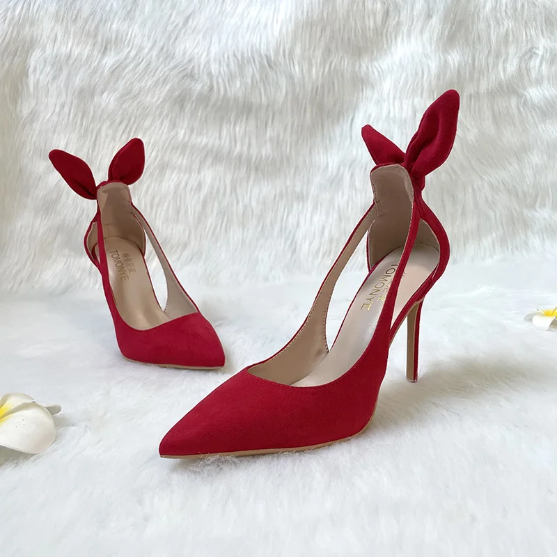 

TOMONYE Red Suede Hollow Out Butterfly Knot On Back Women Lady 100mm High Heel Shoes Pump Small Plus Size 34 45 46