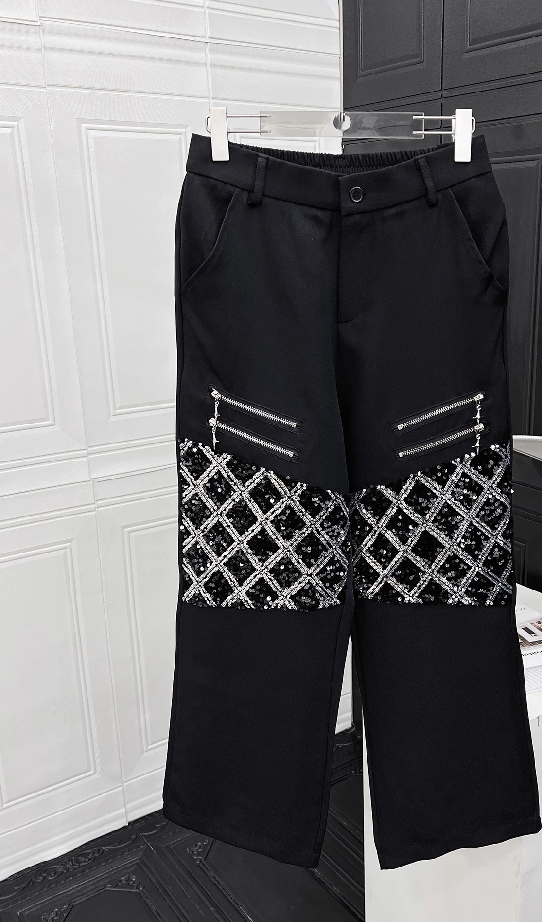 Male 2025 Autumn New Handsome Niche Sequined 2pcs Splicing Loose Shoulder Pads Fashion Two-piece Sets High-end Trendy Jacket Set