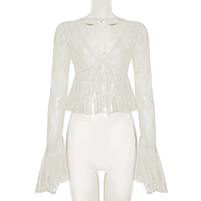 Tornova Lace Splice Ruffled T เสื้อผู้หญิงเซ็กซี่ดูผ่าน Lace Up แขนยาวสั้นลึก V คอหญิงเสื้อสเวตเตอร์ถัก Outwear