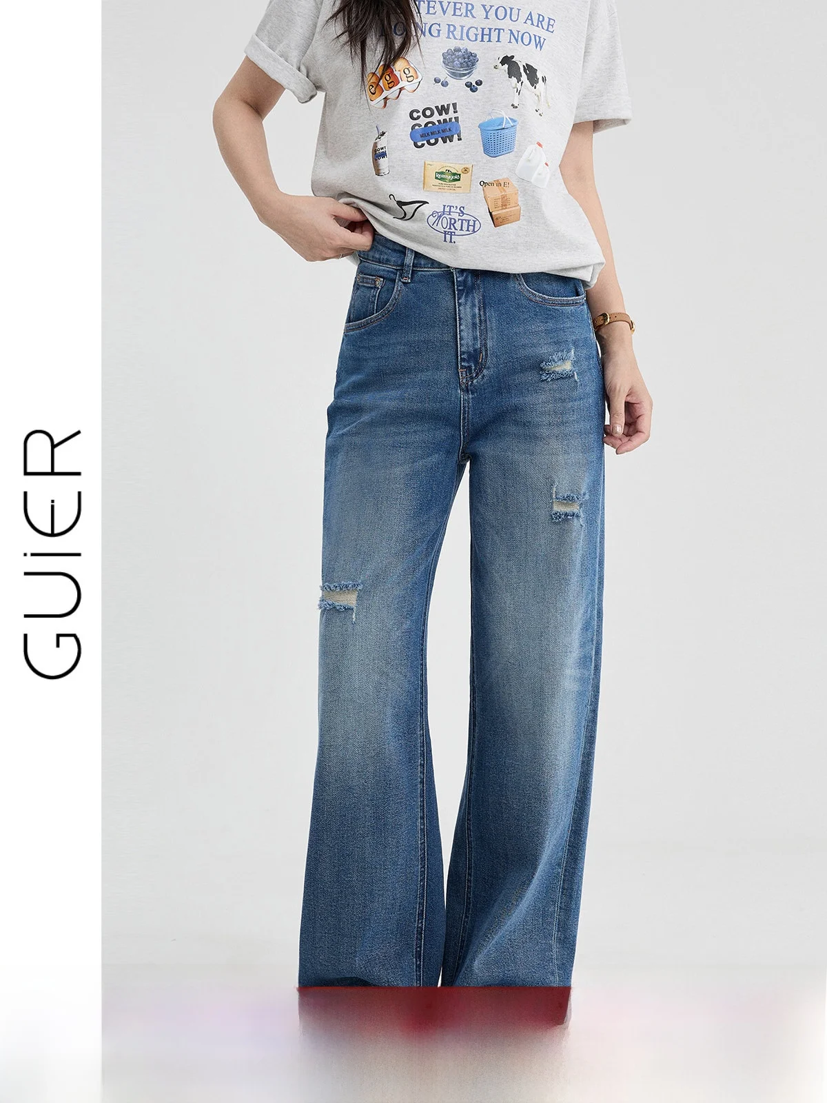 

High Waist Straight Leg Jeans Women's Summer Loose Wide Leg Jeans Versatile Hole Design Slimming Effect Classic Blue Color