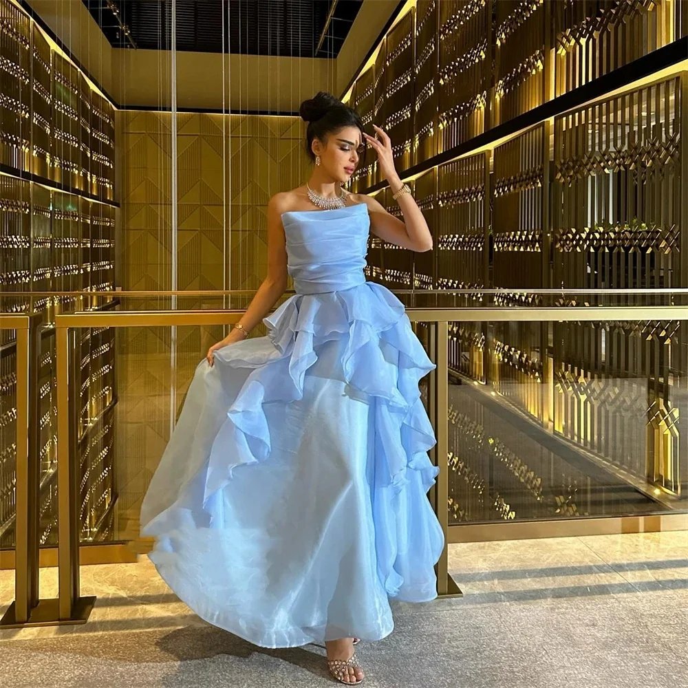 Vestido de noche sin tirantes con hombros descubiertos, traje formal de corte en A para ocasiones, en capas, largo hasta el tobillo