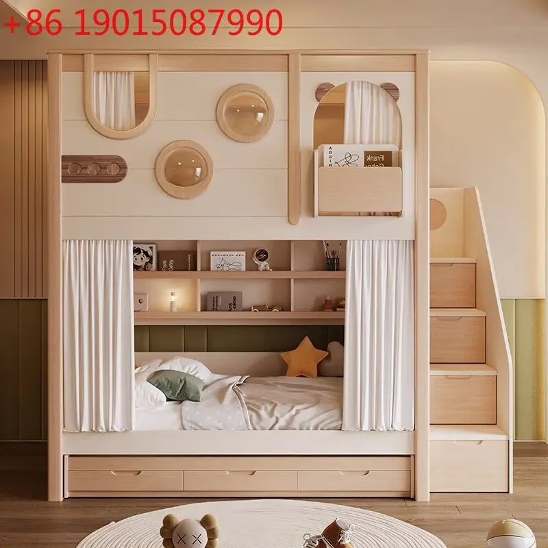 Nordic bunk bed with high guardrail mother and child bed Small apartment high and low bed Children's room Space capsule