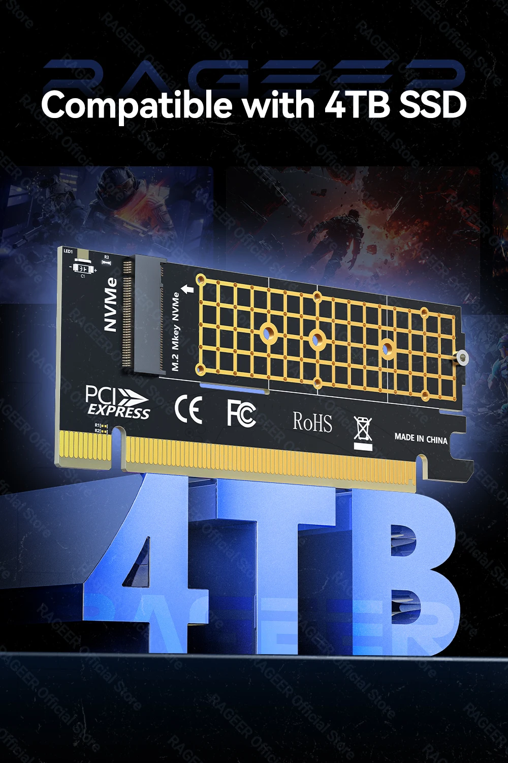 RAGEER M.2 NVMe zu PCIe 4.0 x16 Adapterkarte unterstützt 4 TB SSD und 64 Gbit/s Geschwindigkeit, kompatibel mit 2280/60/42/30 NVMe SSDs – Detail 5