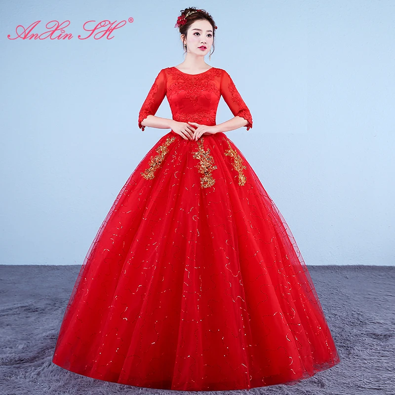 AnXin SH princess red flower lace vintage party o neck half sleeve ball gown sparkly red lace ball gown customized wedding dress