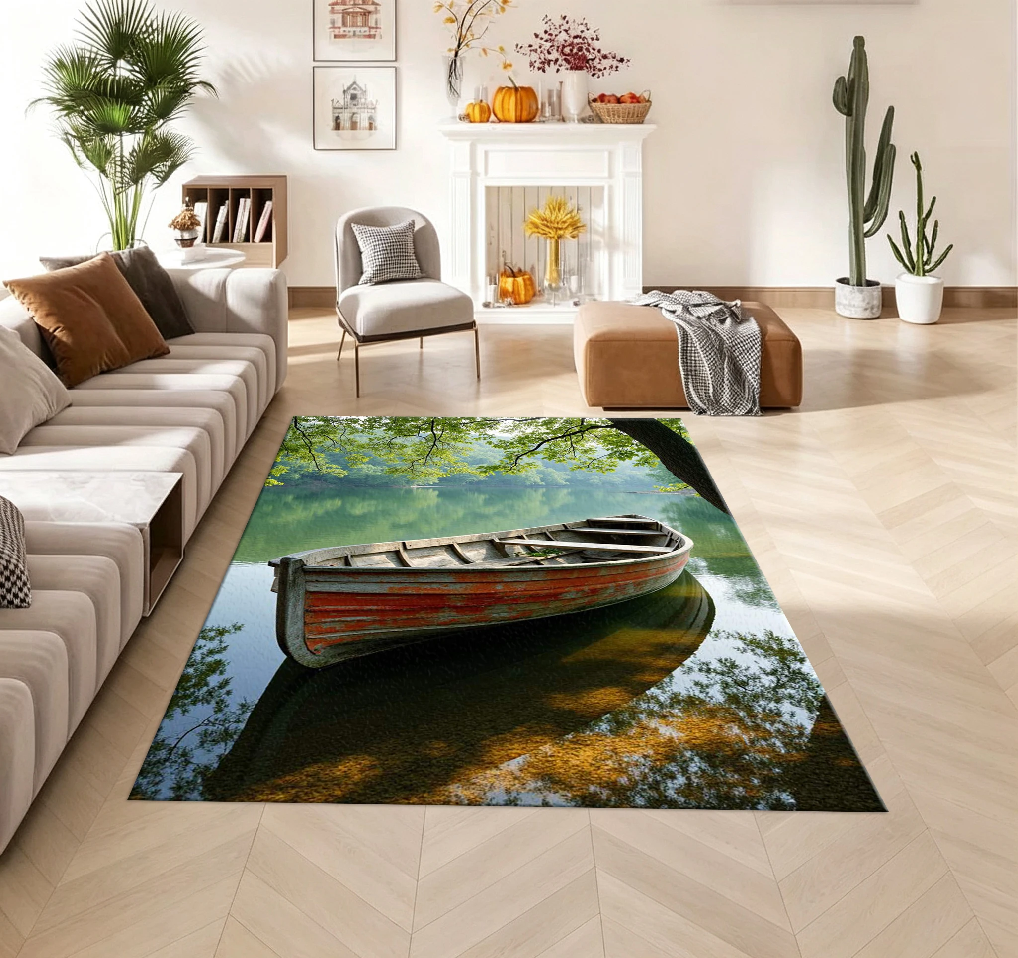 Vintage Wooden Boat On Green Lake Carpet Flooring Nature Scenery Print Area Rug Home Floor Mat for Living Room Bedroom