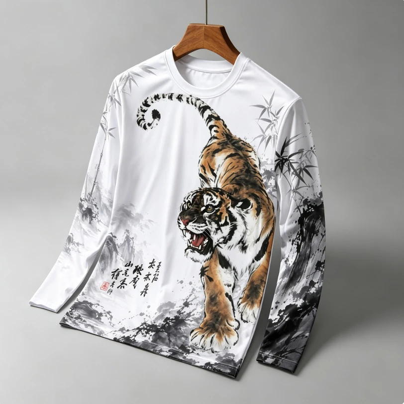 Fun T-shirt Y2K style 3D printed tiger pattern printed long sleeved T-shirt breathable and fashionable unisex top