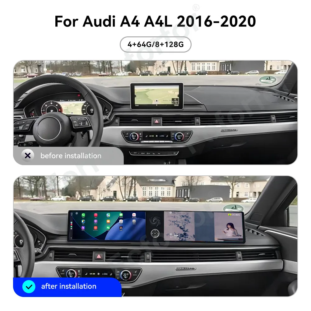 

Двухэкранный 12.3-дюймовый мультимедийный проигрыватель с Android 13 и CarPlay для Audi A4 A4L 2016-2020, HD сенсорный экран, GPS-навигация, головное устройство для автомобиля.