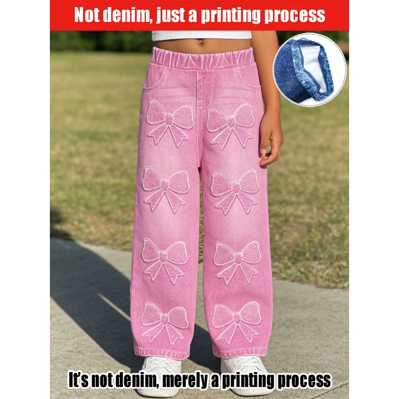 2026Children's Pink Imitation Denim Wide-Leg Pants White Bowknot Embroidery Decoration
