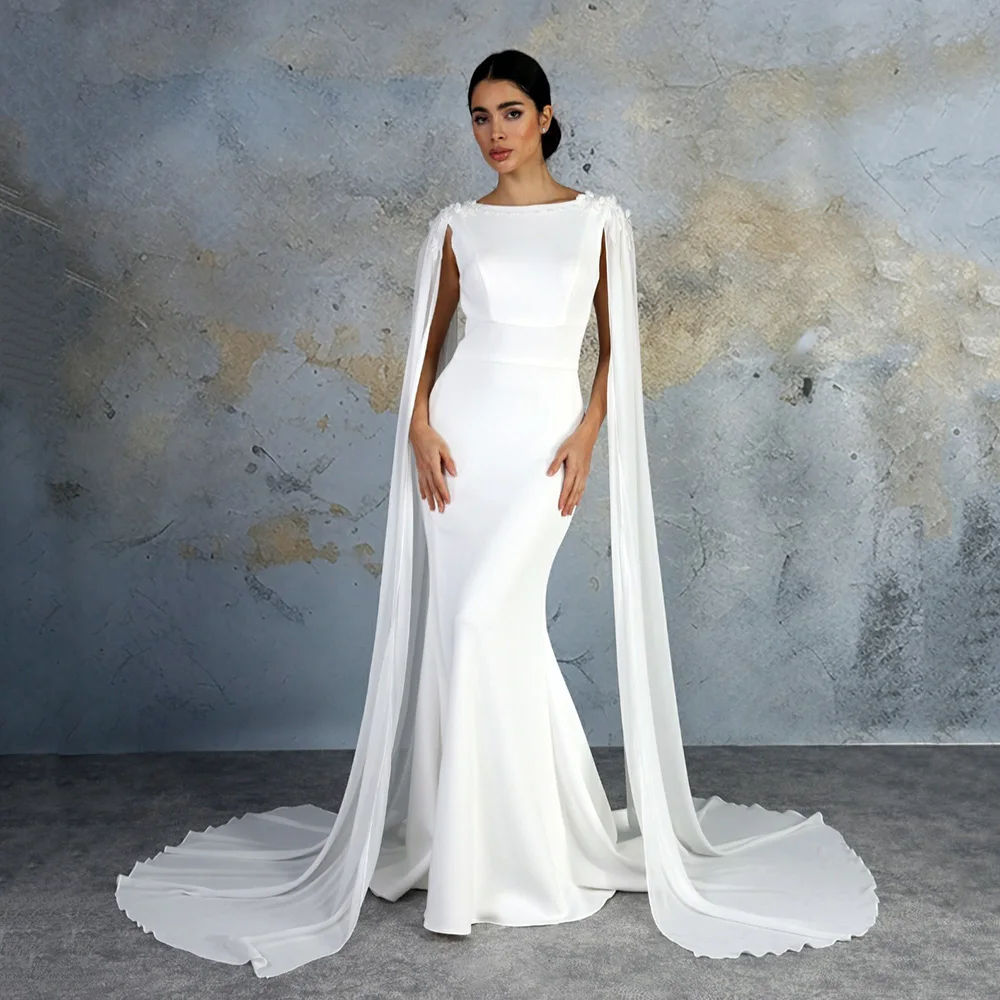 

2025 Elegant Bridal Wedding Dresses Long Cape Backless Mermaid Brride Gown Buttons Lace Appliques Long Wedding Gown Customized