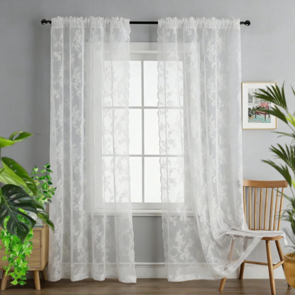 2 Panels Vintage Lace Curtains Rod Pocket Sheer Curtain Long-Romantic Flowers Branch Window Curtain for Living Room French Decor