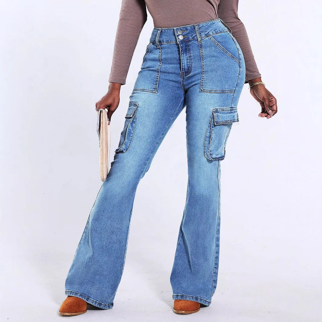 Europa Amerika Nieuwe gewassen jeans met meerdere zakken. Vier seizoenen nieuwe modieuze casual micro-uitlopende werkkledingjeans voor dames