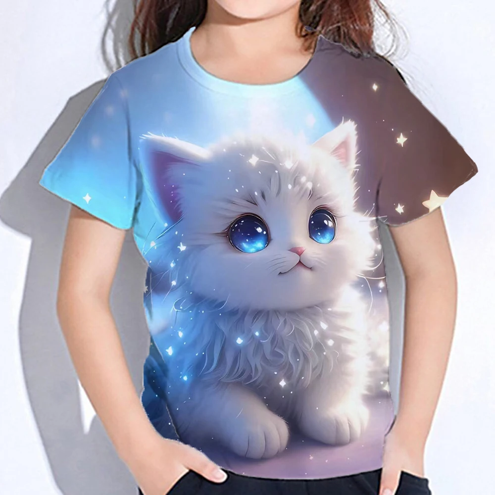 

2025 Cute Animal Cat Baby Girl T-Shirt Summer Casual Comfortable Short Sleeve 3d Printed Fun Girls' T-Shirt Children's Clothing