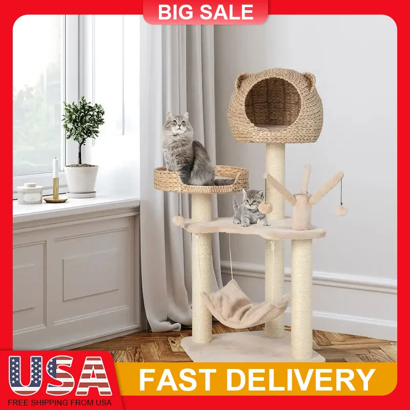 

48 Inch Cat Tree Tower 5 Level with Condo Hammock Scratching Posts Plush Cushions Hanging Toys for Large Cats Natural