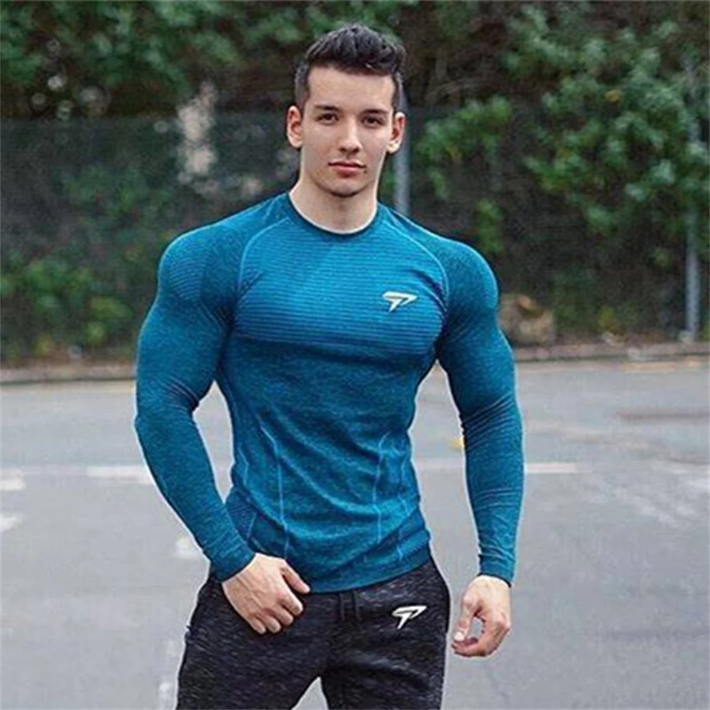 Men Compression Quick Dry Long Sleeve T-shirt Gym Fitness Training Shirt Male Running Jogging Sports Workout Tight Tees Tops