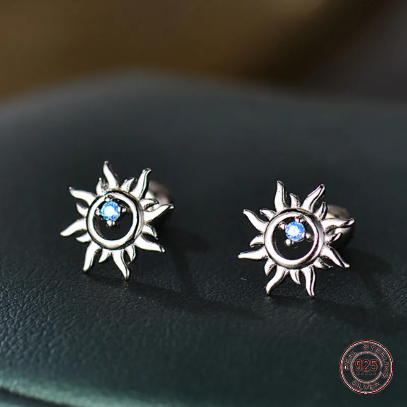 

925 Sterling Silver Blue Zircon Sun Stud Earrings for Girls Fresh Forest Series Ornament Earring Women's Bestie Piercing Jewelry