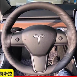 Hand Stitched Genuine Leather Car Steering Wheel Cover for Tesla Model 3 Model Y 2017-2023 Customize non-slip car accessories