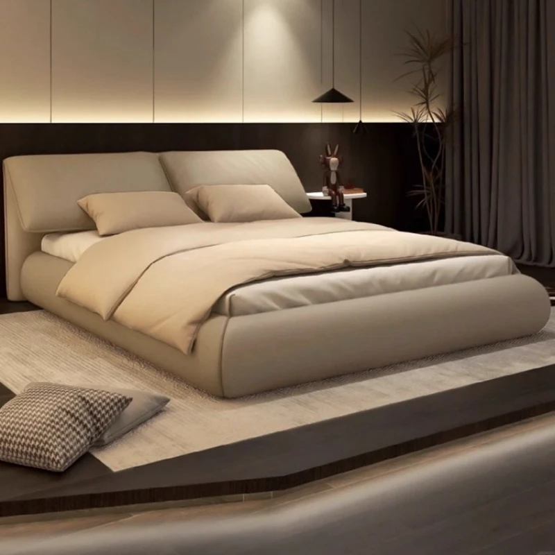 

Leather Two Persons Bed Sleeping Full Size Aesthetic Unique Bed Earthing Headboard Cama De Lujo Para Dormitorio Furnitures