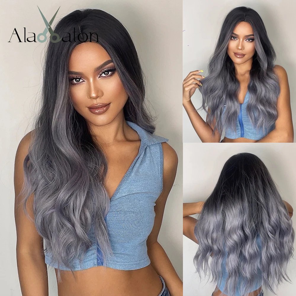 ALAN EATON Ombre Gray Wave Synthetic Wig for Women Long Cosplay Grey Blue Wigs Natural Middle Part Colorful Hair Heat Resistant