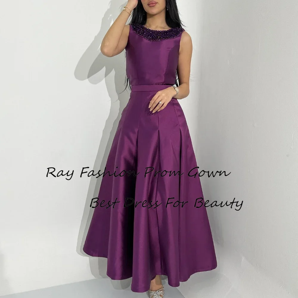 

Ray Fashion A Line Evening Dress Satin O Neck With Crystal Sleeveless For Women Formal Occasion فساتين سهرة Saudi Arabia