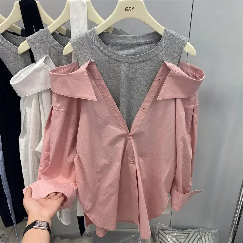 2024 Shirts for Women Blusas Mujer Fake Two Shirt Loose Long Sleeve Off Shoulder Top Femininas Elegantes Spring T-shirts Pink