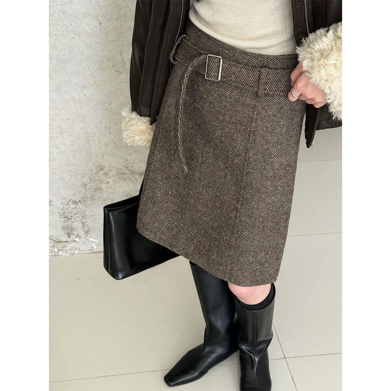 Damska spódnica retro z wysokim stanem, prosta, wełniana, z paskiem, w stylu francuskim, w jodełkę, podstawowa, luźna, elegancka, na jesień i zimę.