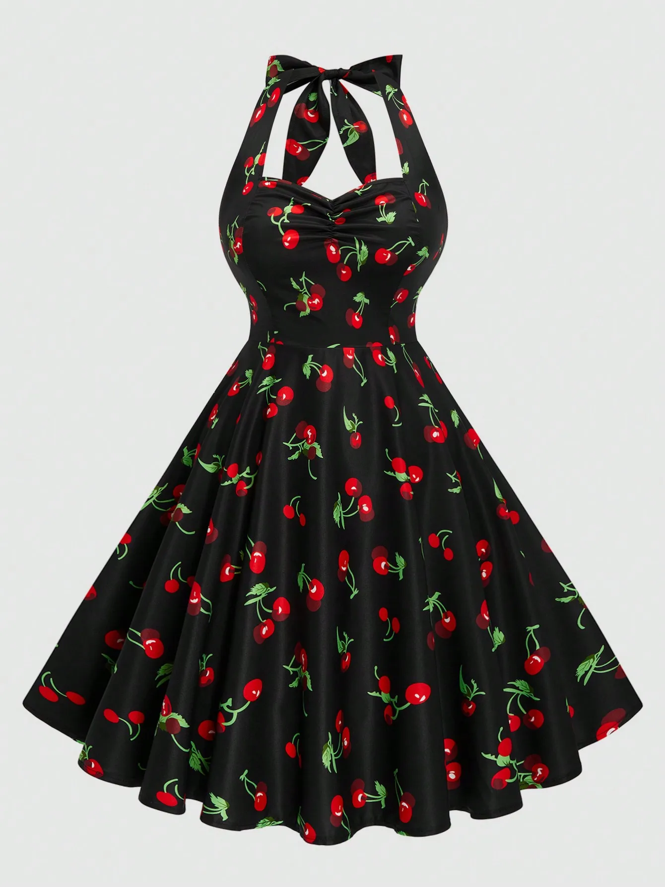 

Летнее платье А-силуэта с вишнёвым принтом, завязками на шее и зауженной талией