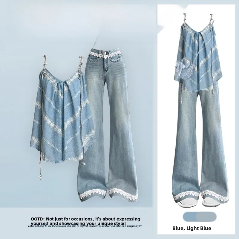 

Summer Design Sexy Blue Ethnic Style Lace Trim Denim Set with Strap Vest Fashionable Three-Piece Suit Long Sleeve V-Neck Top