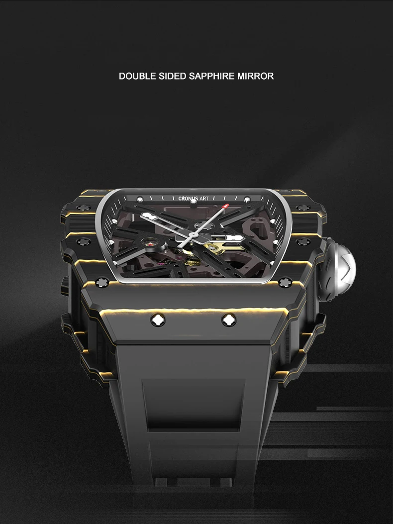 CRONUSART Men Automatic Watch Luxury Tonneau Mechanical Wristwatch Carbon Fibre Case Luminous Fluororubber Strap Skeleton Dial image 4