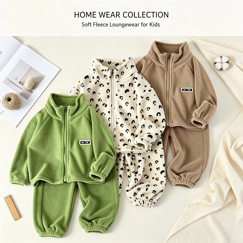 Kids Plush Zip Pajama Set Cute Panda Floral Print Thick Warm Fleece Loungewear for Boys Girls Breathable Winter Casual Homewear
