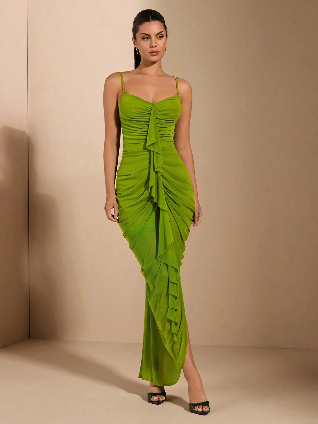 

Emerald Green Ruched Cami Maxi Dress with Front Draping and Side Slit