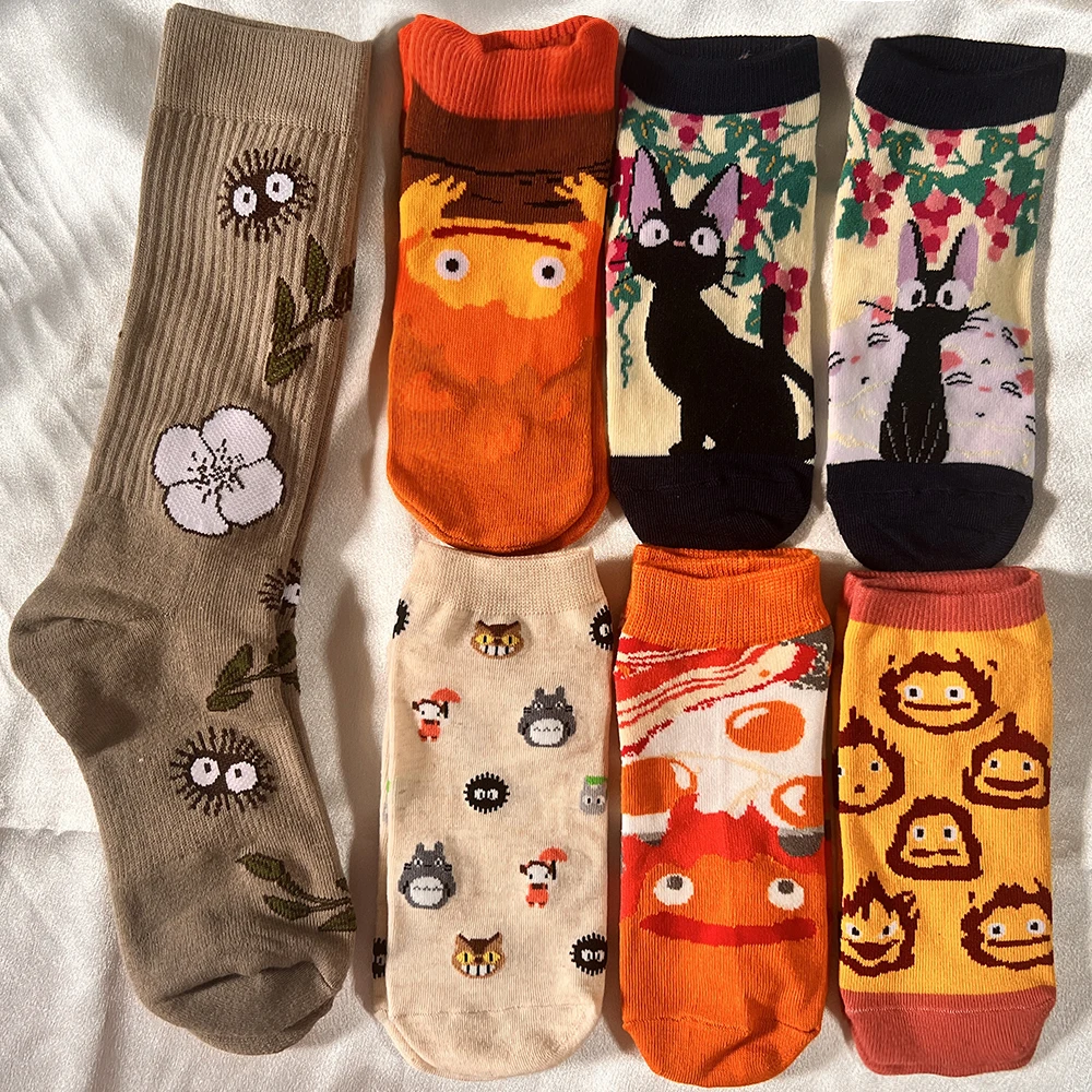 Anime Cartoon Cat Socks Cute Kitten Jiji Short Socks Funny Calcifer Short Stockings Halloween Party Dress Daily Wear Eu35-40