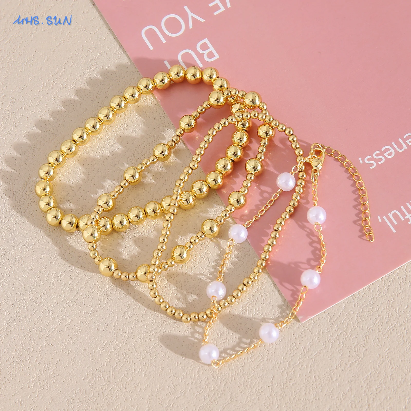 MHS.SUN Fashion Metal Link Pearl Bead Bracelet for Women Dainty Gold Color Ball Beads Chain Adjustable Stackable Layered Jewelry